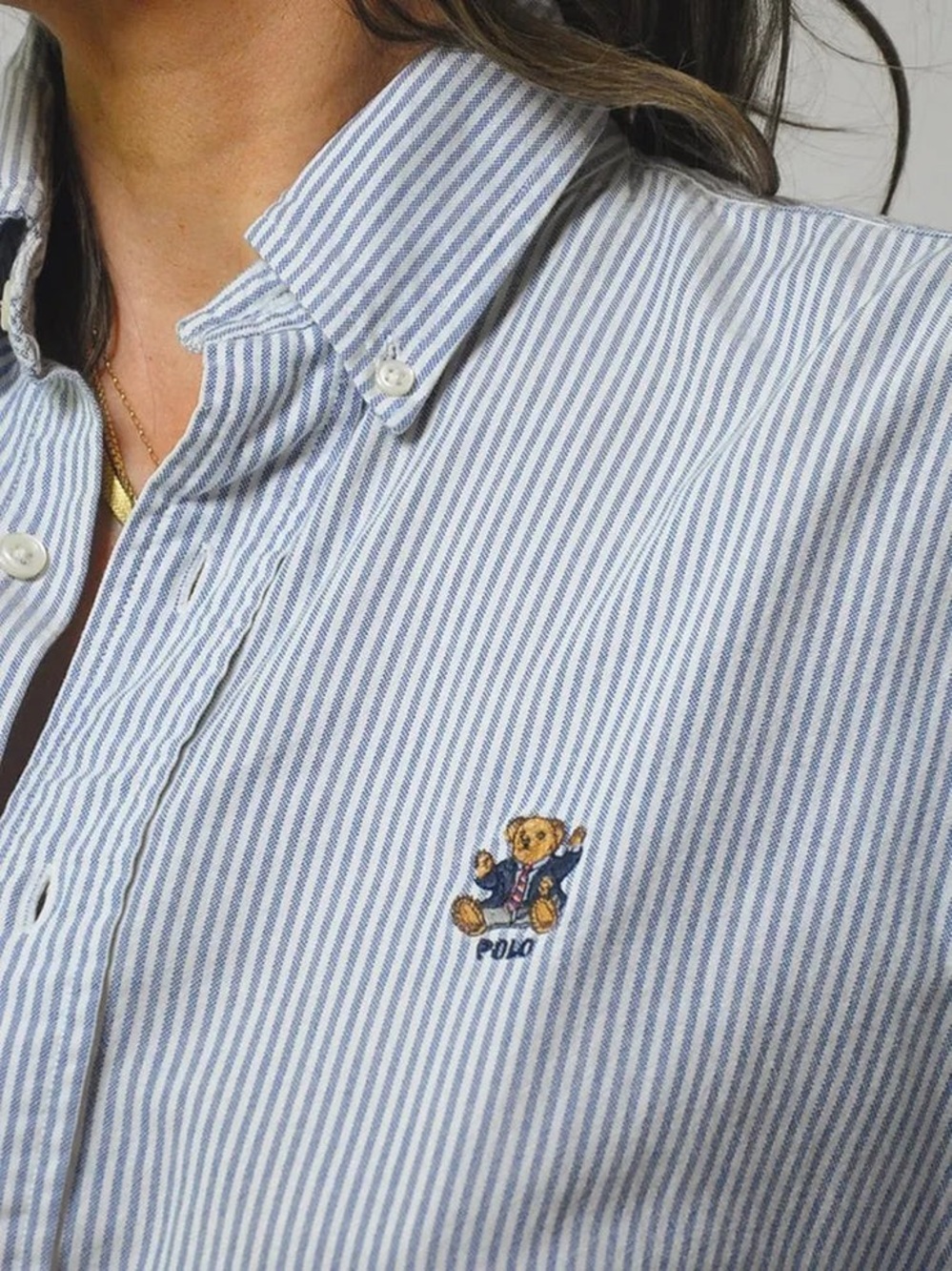 Ralph Lauren Vintage Chambray Blue Stripe Button-Down Shirt with Bear Logo Sz 6